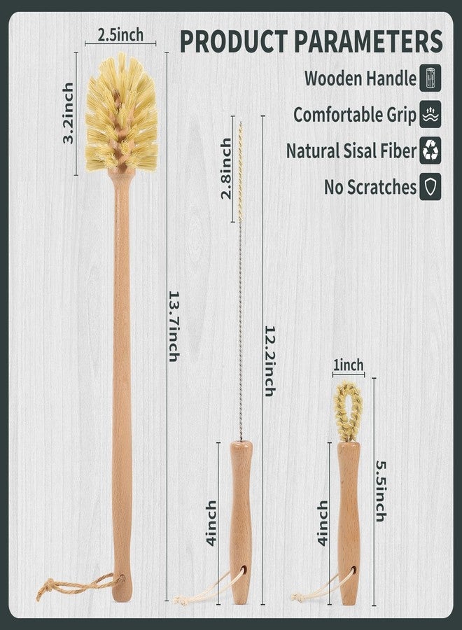 DEBETOOL Natural Bottle Brush Set 3-in-1-13.7 Inch Long Handle Wooden Bottle Brush for Cleaning, Water Bottle Cleaner Brush for Cups & Wide Mouth Jars - Image 2